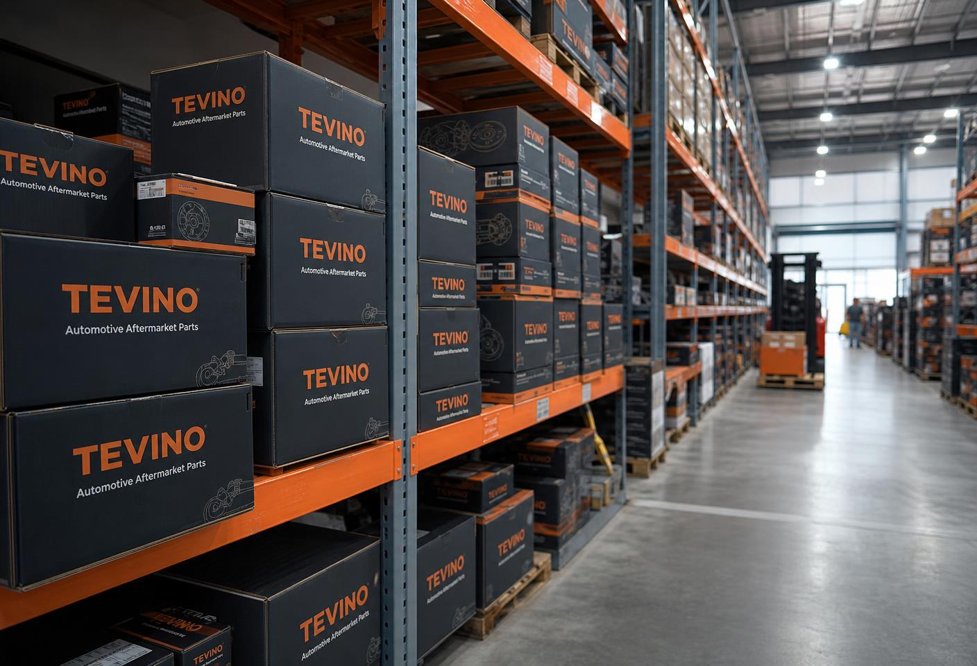 TEVINO automotive aftermarket parts boxes stocked in a modern distribution warehouse